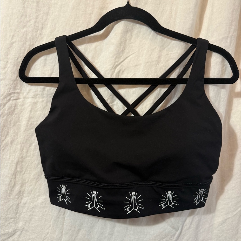 lululemon athletica Black Sports Bra with White Prayer Hand Motif